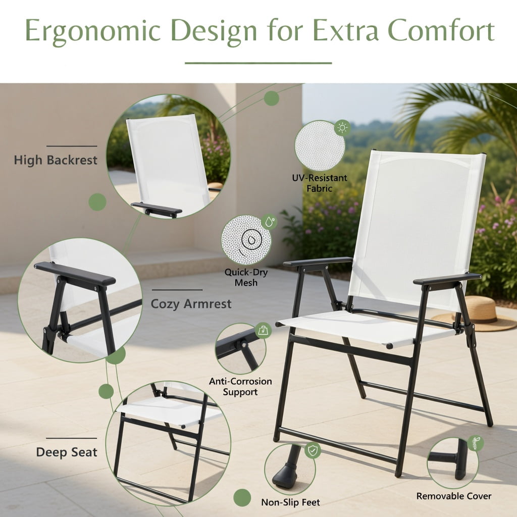 Hommoo 2-Pack Foldable Patio Chairs with Armrests, Heavy-Duty Metal Outdoor Chairs for Deck, Garden, Yard & Camping, White