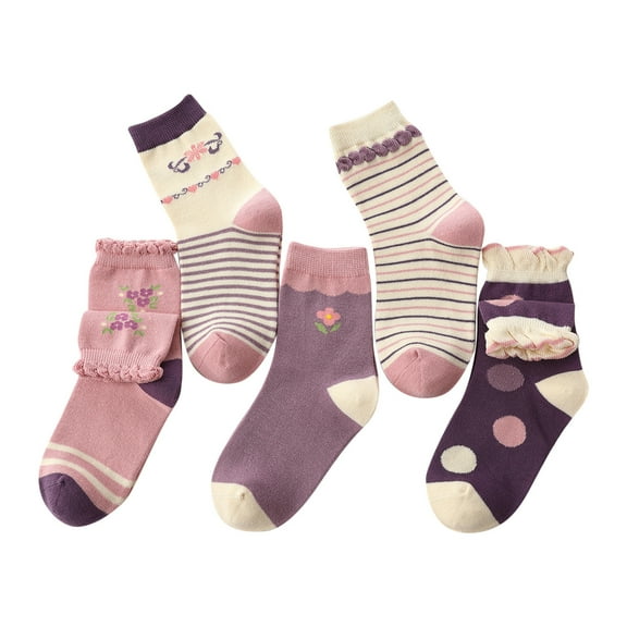 Diufon 5 Pairs Toddler Baby Girls Socks Non-slip Colorful Cute Printed Middle Tube Socks Breathable Crew Socks