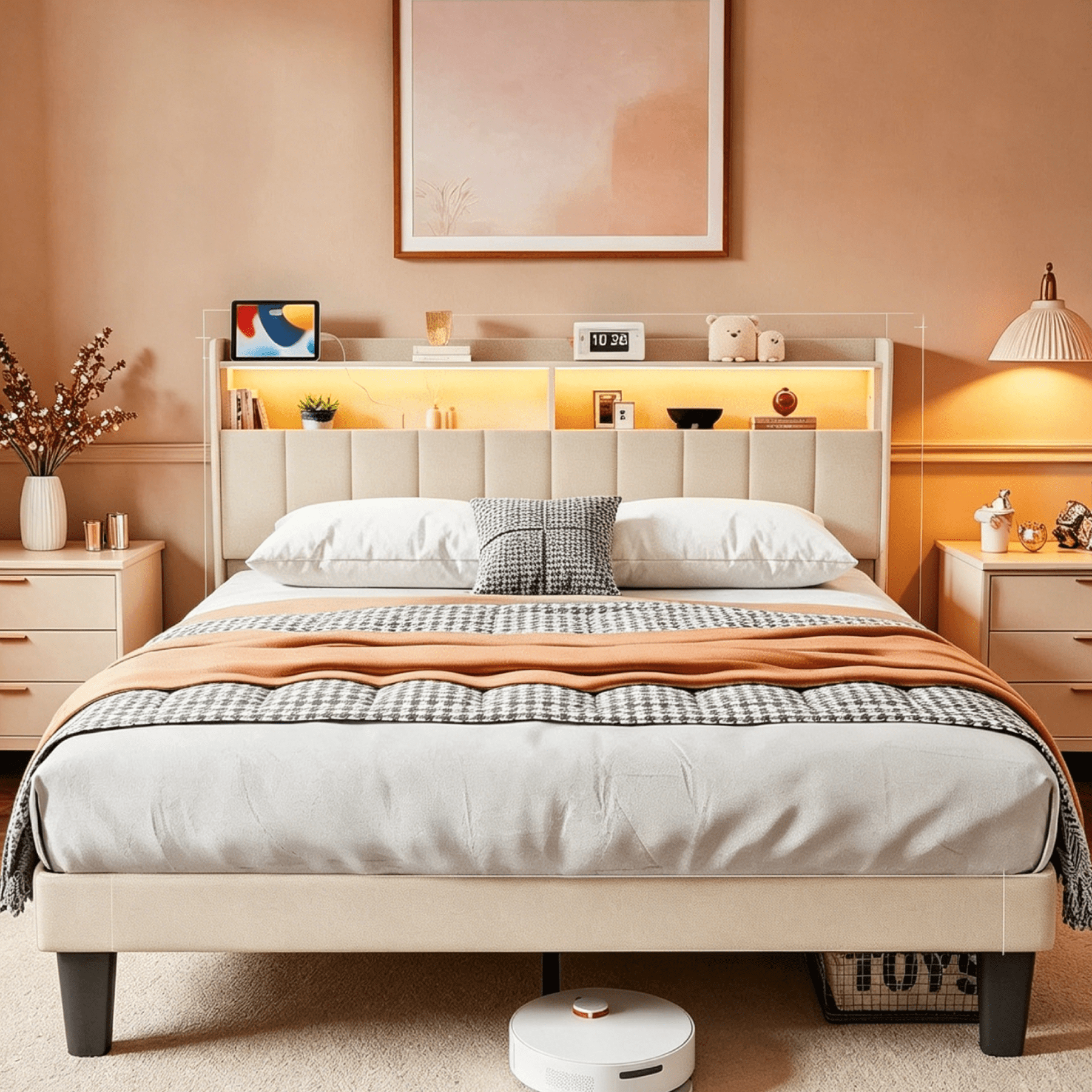 Lofka Queen Size Bed Frame with Lighted Storage Headboard Beige Finish