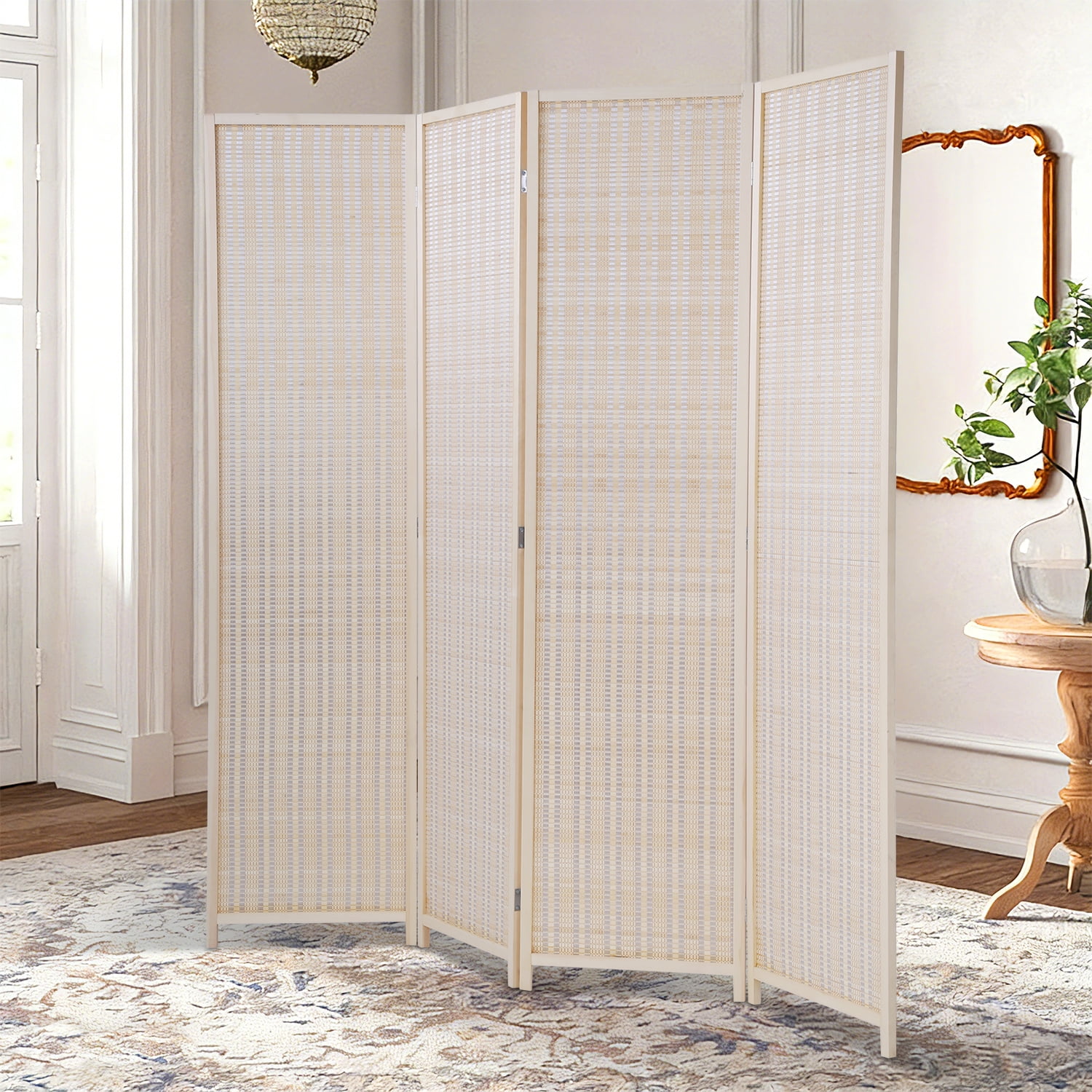 NiamVelo 4 Panel Room Dividers Folding Privacy Screen, Freestanding Screen Partitions Portable Room Seperating Divider for Office, Natural
