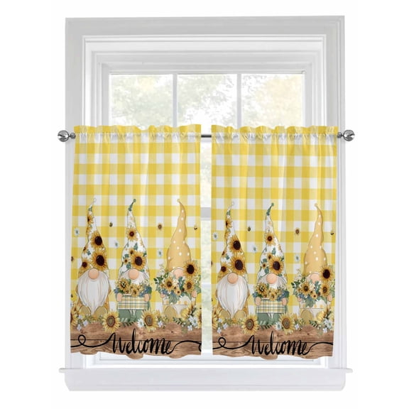 Gnomes Sunflower Bathroom Window Curtain, Yellow Checkered Pastoral Botanical Wooden Light Filtering Coffee Kitchen Curtains, Bedroom Living Room Curtains 2 Panel 84"x45"