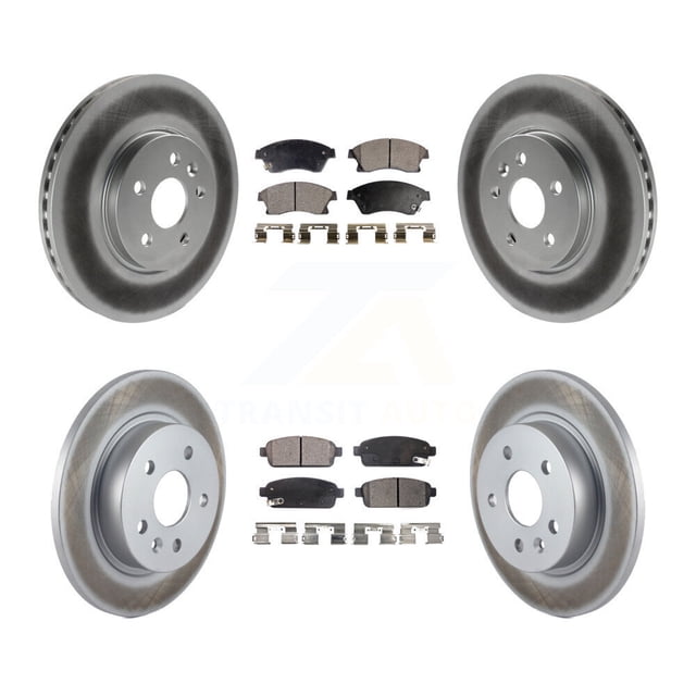 Transit Auto Front Rear Coated Disc Brake Rotors and Semi-Metallic Pads Kit for 2013-2014 Chevrolet Sonic RS. Includes two front coated disc brake rotors, one front semi-metallic brake pad set, two rear coated disc brake rotors, and one rear semi-metallic brake pad set with hardware. Engineered for optimal braking performance with PowerGrip™ semi-metallic formula and Carbon-Enhanced G-Cast™ iron castings. Ideal for brake replacement and automotive brake parts upgrades. Suitable for front and rear positions.