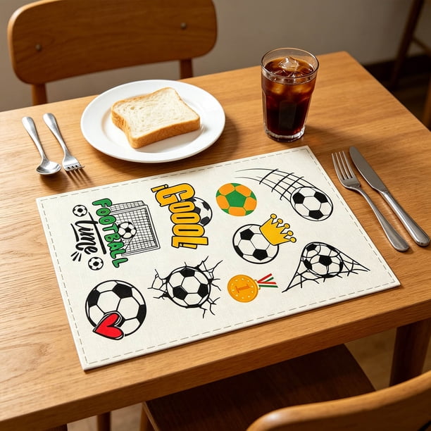 Mantel Individual con Temática de Fútbol, con Diseños de Balón, Trofeo y Portería: Mantel Antideslizante y Resistente Al Calor para Niños y Aficionados Al Deporte.