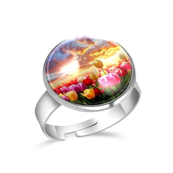 PhooArto Beautiful Tulip Floral Sunset Landscape Stainless Steel Rings for Women, Open Adjustable Ring Promise Ring Jewelry Gifts