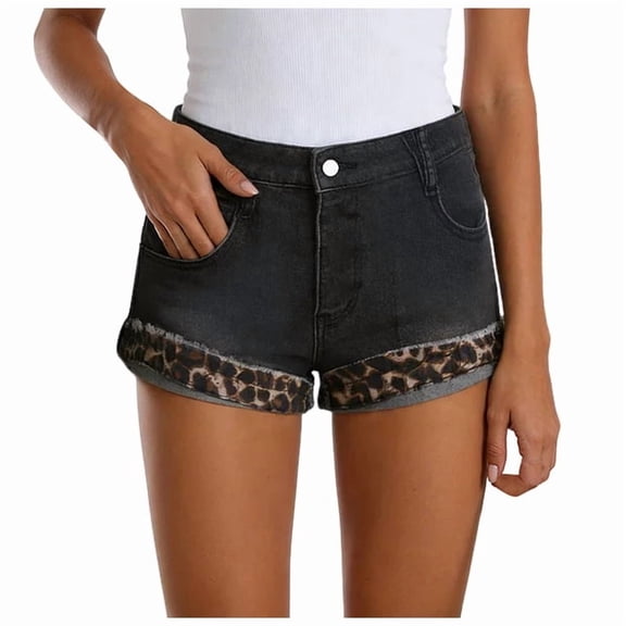 felwors Women's High Waist Denim Shorts with Leopard Print Rolled Hem 2026 Trendy Distressed Hot Shorts for Casual Streetwear Party（Grey， L）