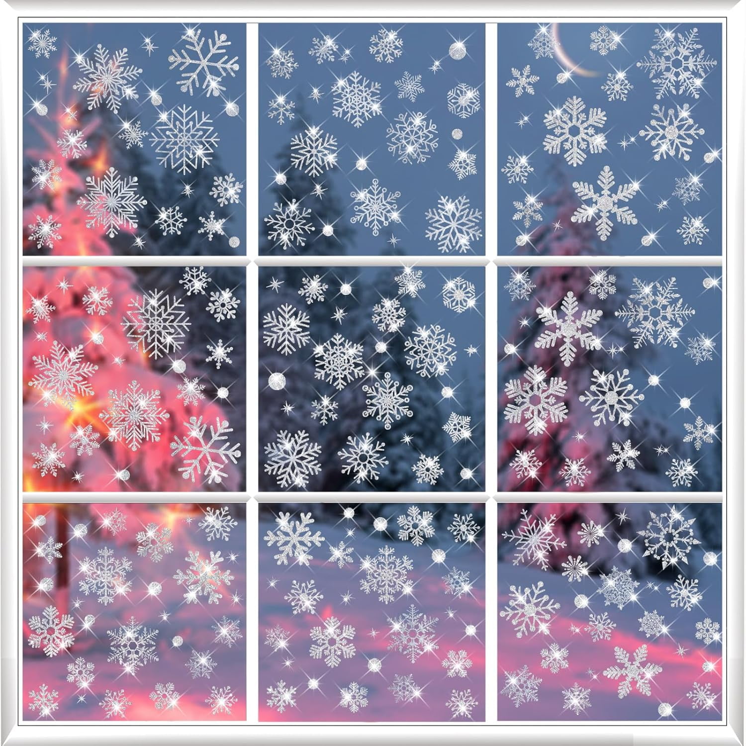 155 PCS Glitter Snowflake Window Clings, Christmas Window Clings for Glass Windows, Double Sided Reusable Christmas Window Stickers& Decals, Winter Clings for Christmas Window Decorations (9 Sheets)