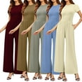 thumbnail image 4 of LYMAYTER Womens Crewneck Jumpsuits Summer Solid Color Soft Bodysuit Pants Female Short Sleeve Casual Rompers S-2XL, 4 of 9