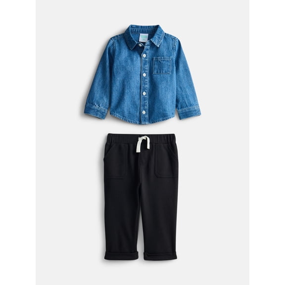 Wonder Nation Baby Boys Button Down Cotton Shirt and Pants Set, 2 Piece, Sizes 0/3M-24M