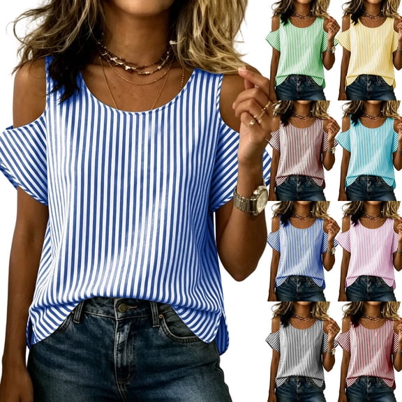 VBVC Women's Striped Cold Shoulder Short Sleeve T Shirt , Ladies' Crew Neck Loose Fit Casual Blouse , Summer Cutout Shoulder Top For Women,Black,S-2XL