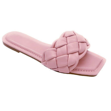 

New Women s Braided Quilted Single Band Strap Flat Square Toe Open Slide Sandal