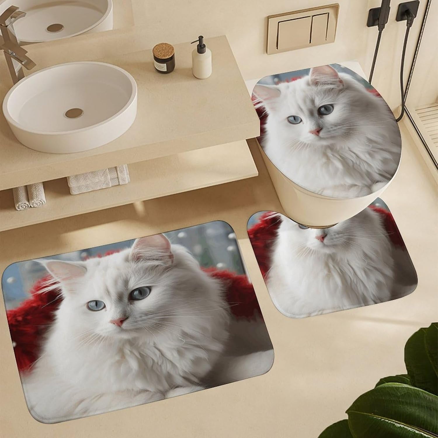 Bathroom Set,Cute White Cat Print Bathroom Rug Set,Bath Rug Set 4 Piece,Modern Shower Curtain Set with Shower Curtainand 12 Hooks, Style
