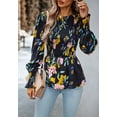 thumbnail image 3 of Round Neck Shirred Floral Print Peplum Long Blouse for Women Black X-Large, 3 of 5