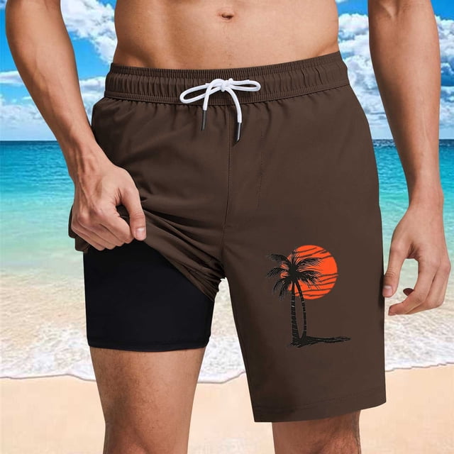 Ceisia Men's Quick Dry 2-in-1 Board Shorts with Palm Tree Print & Elastic Drawstring Waist Gifts