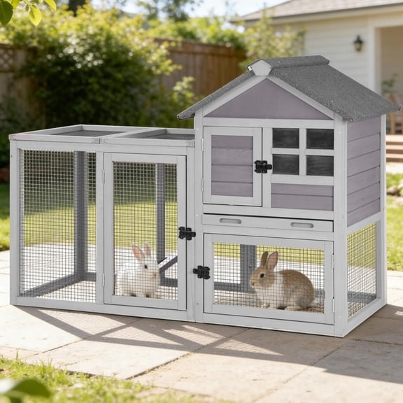 Aivituvin Rabbit Hutch Indoor Outdoor Chicken Coop, 51.6" L Wooden Rabbit Cage with No Leakage Plastic Tray, Rainproof Asphalt for Chicken,Guinea Pig, Bunny Hutch(Gray)