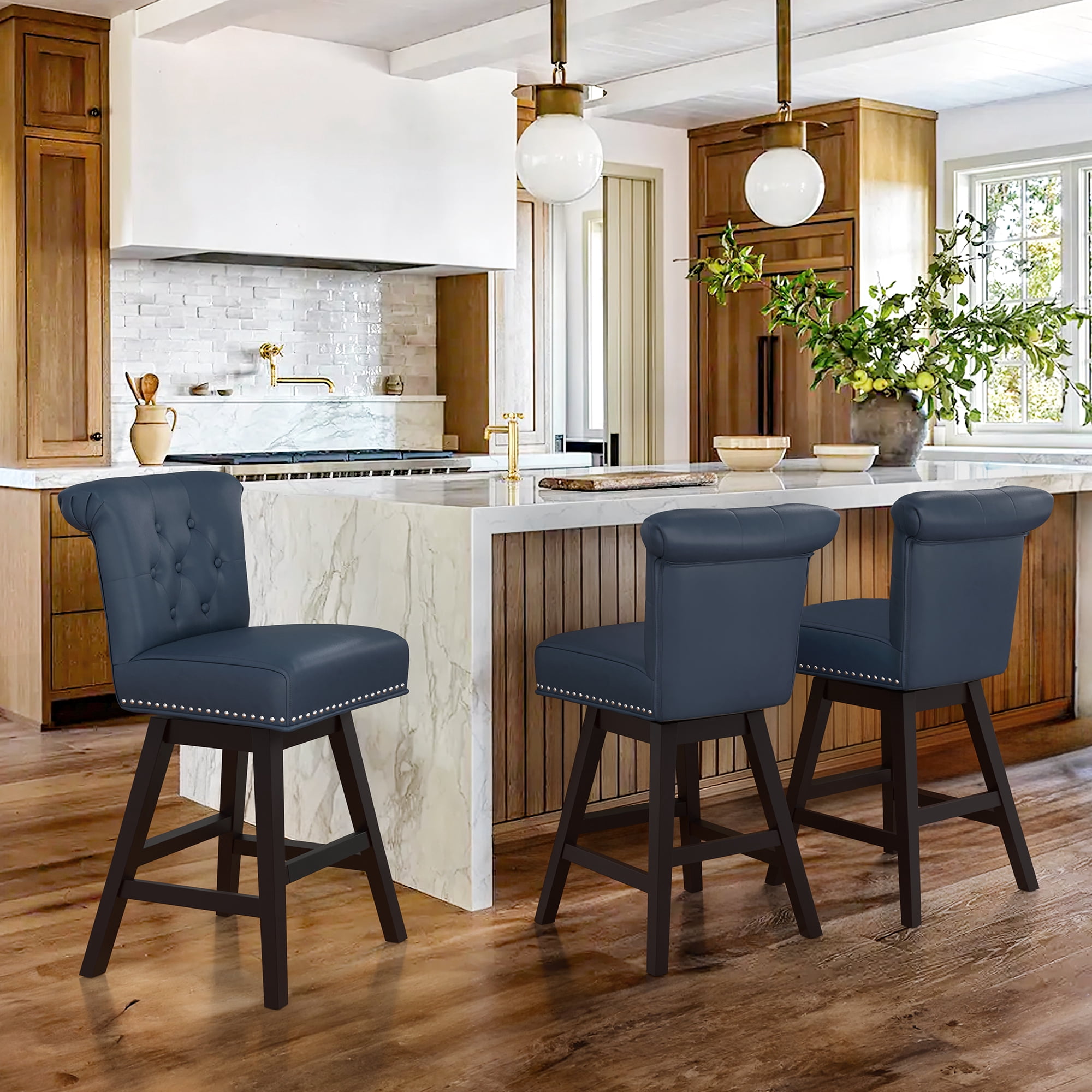 Dycanpo 26'' Swivel Counter Height Bar Stools, Upholstered Barstool with Footrest for Kitchen,Blue-Faux Leather