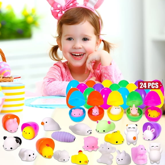 CYFW 24Pcs Prefilled Easter Eggs with Toys Inside,Easter Basket Eggs Filled Stuffers,Easter Theme Party Favors Fidget Hunting Assortment Toys,Treasure Box Party Supplies