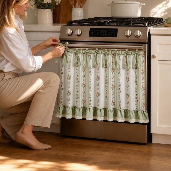 Farmhouse Stove Skirt Oven Curtain for Kitchen Decor, Cotton Blend Oven Skirt with Lace Ruffles and 9 Ribbon Ties, Rustic Country Stove Cover Skirts for Stoves Farmhouse Kitchen Decor