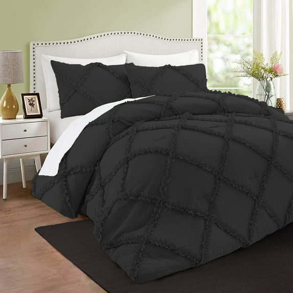 BedDecor 3 PC Luxury Diamond Ruffle "Black, Full/Queen" 800 TC 100% Long Staple Egyptian Cotton Made Down Alternative Comforter