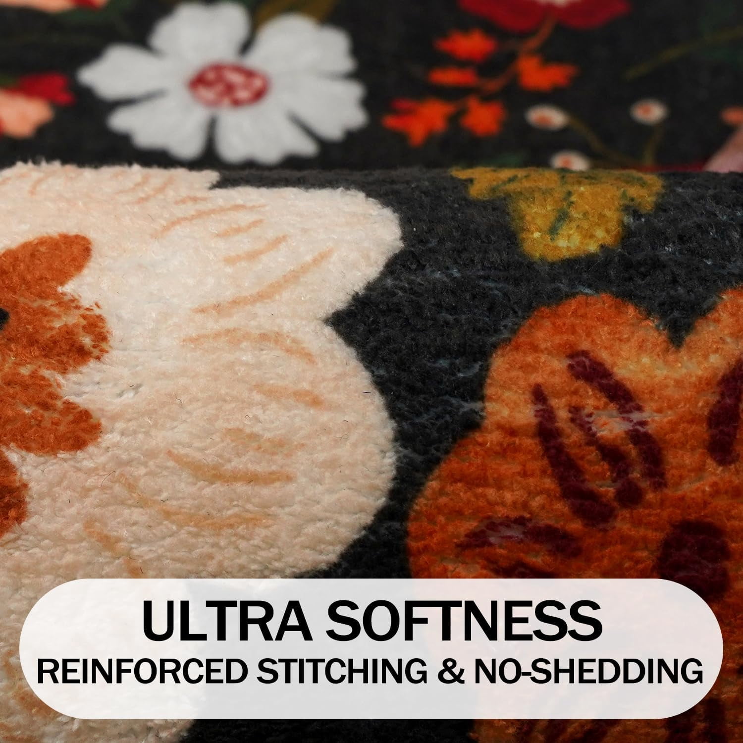 Black Flower Bathroom Rugs Non-Slip, Cute Floral Bath Mat for Bathroom Floor Decor, Soft Fluffy Washable Shower Rug for Bathtub Kitchen Sink