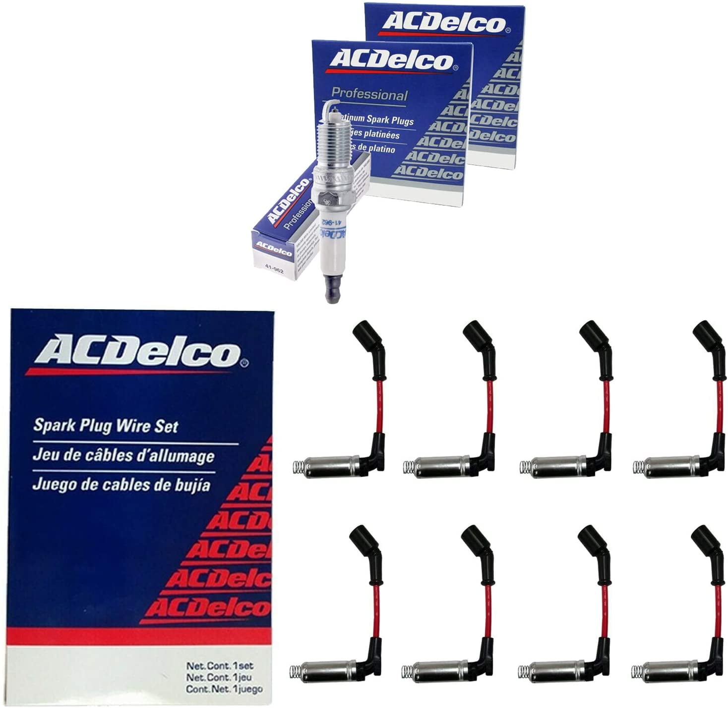 AD Plug Pack(8 OEM Spark Plug Wires W/Heat Shields + 8 OEM Spark Plugs