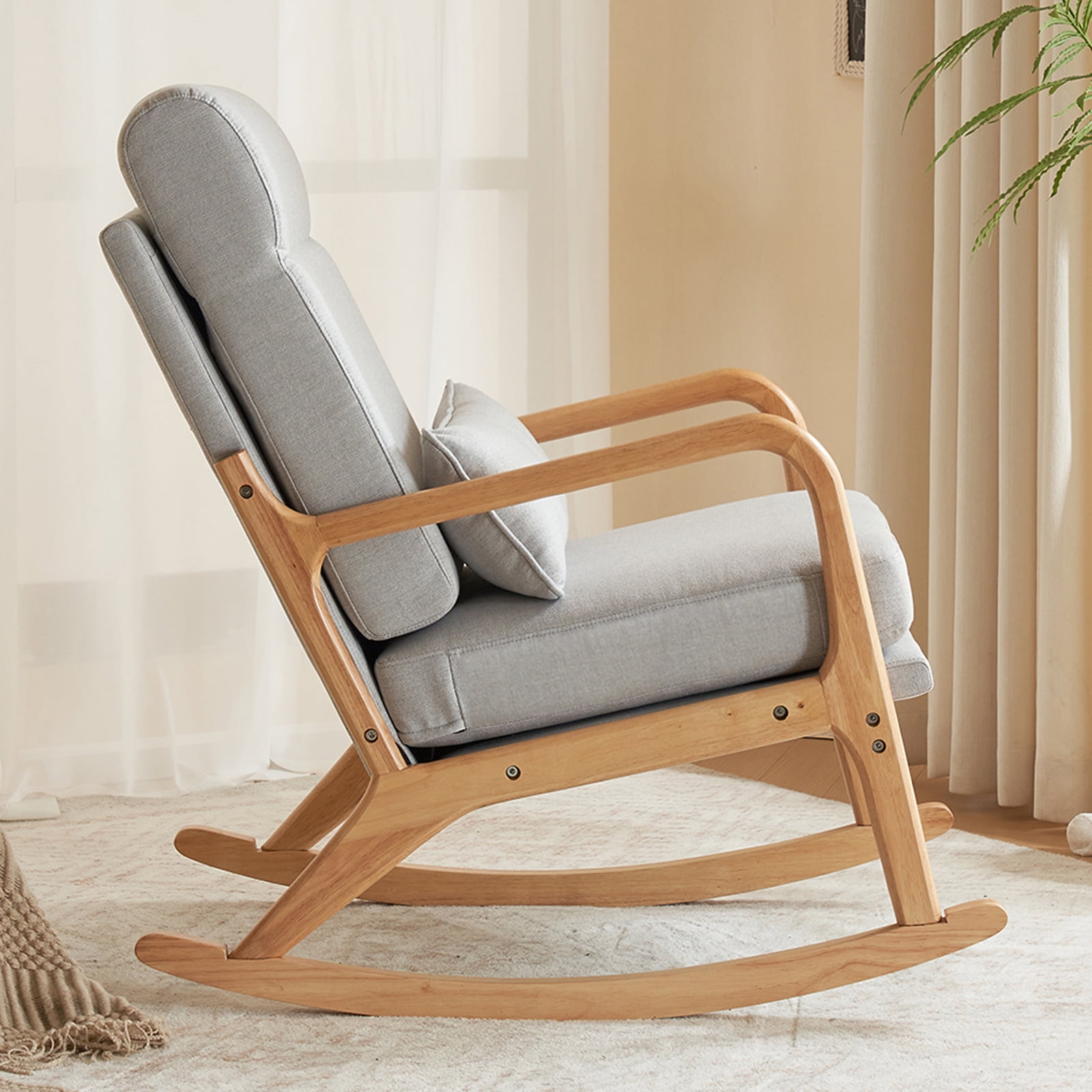 UWR-Nite Rocking Chair Nursery, 25.2" High Backrest Mid-Century Rocking Chair with Wooden Armrest Upholstered Glider Rocker with Free Lumbar Pillow for Living Room