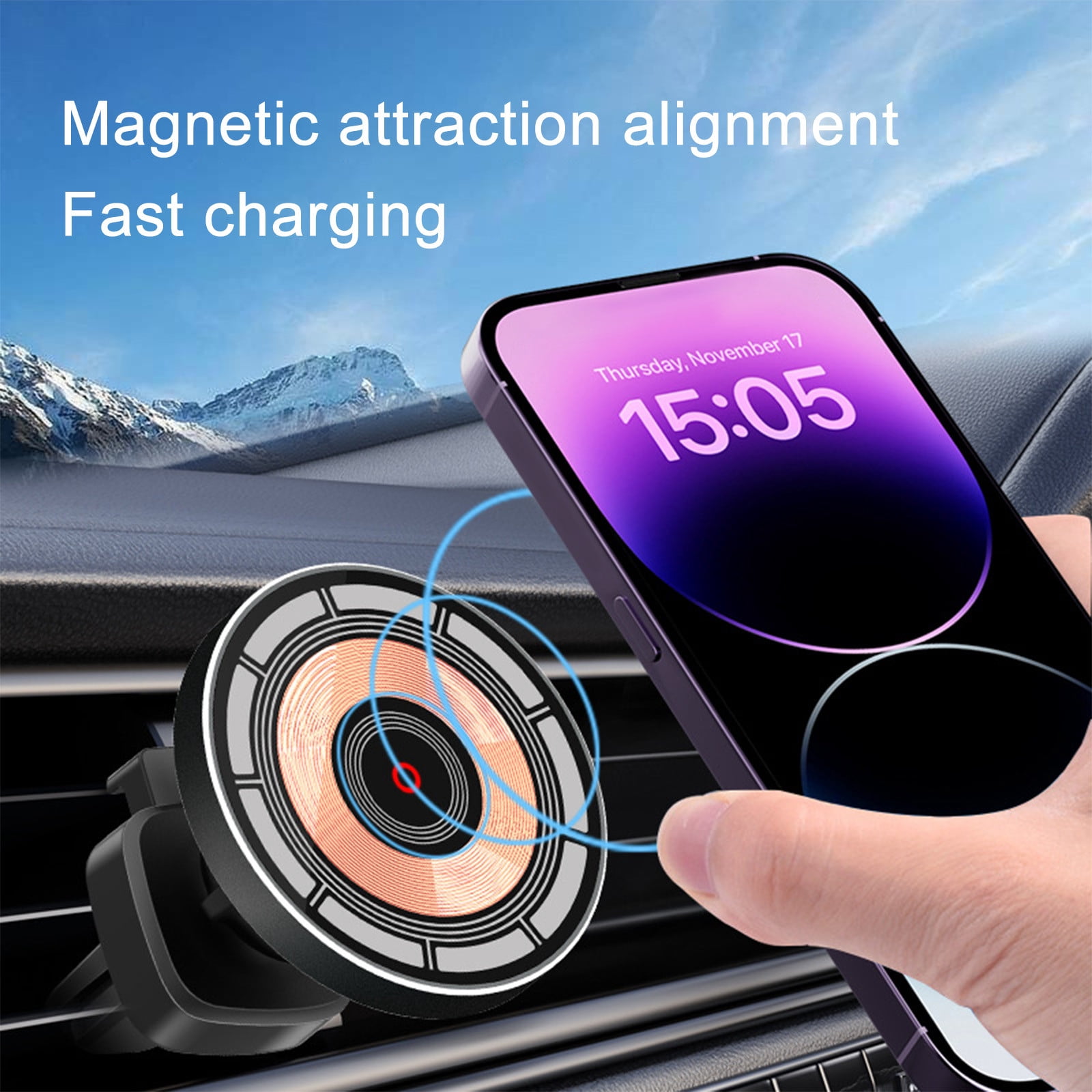 sruoe Magsafe Car Mount Charger 15W Fast Charging Auto Clamping Air Vent Phone Holder Mount Bracket Compatible for iPhone, Samsung, Google, LG
