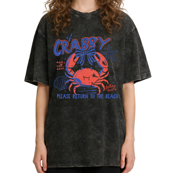 UNISHE Women's It's Crabby Funny Beach Graphic Washed Black Tee Crewneck Short