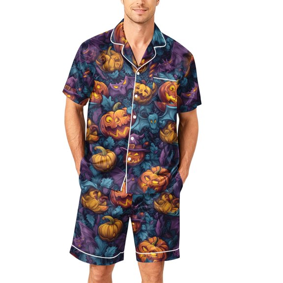 GrmtClth Pajamas for Men Halloween Pumpkin Print Satin Fabric Short Sleeve Button-Down 2 Pieces Summer Loungewear Sleep Pjs Set with Pockets Yellow 2XL