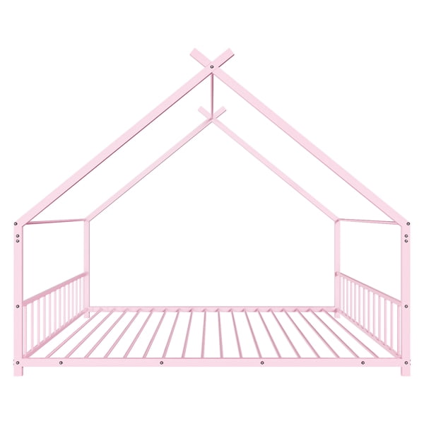 Pink Flat Bed House Shape with Side Guardrails Twin Children's Iron Bed