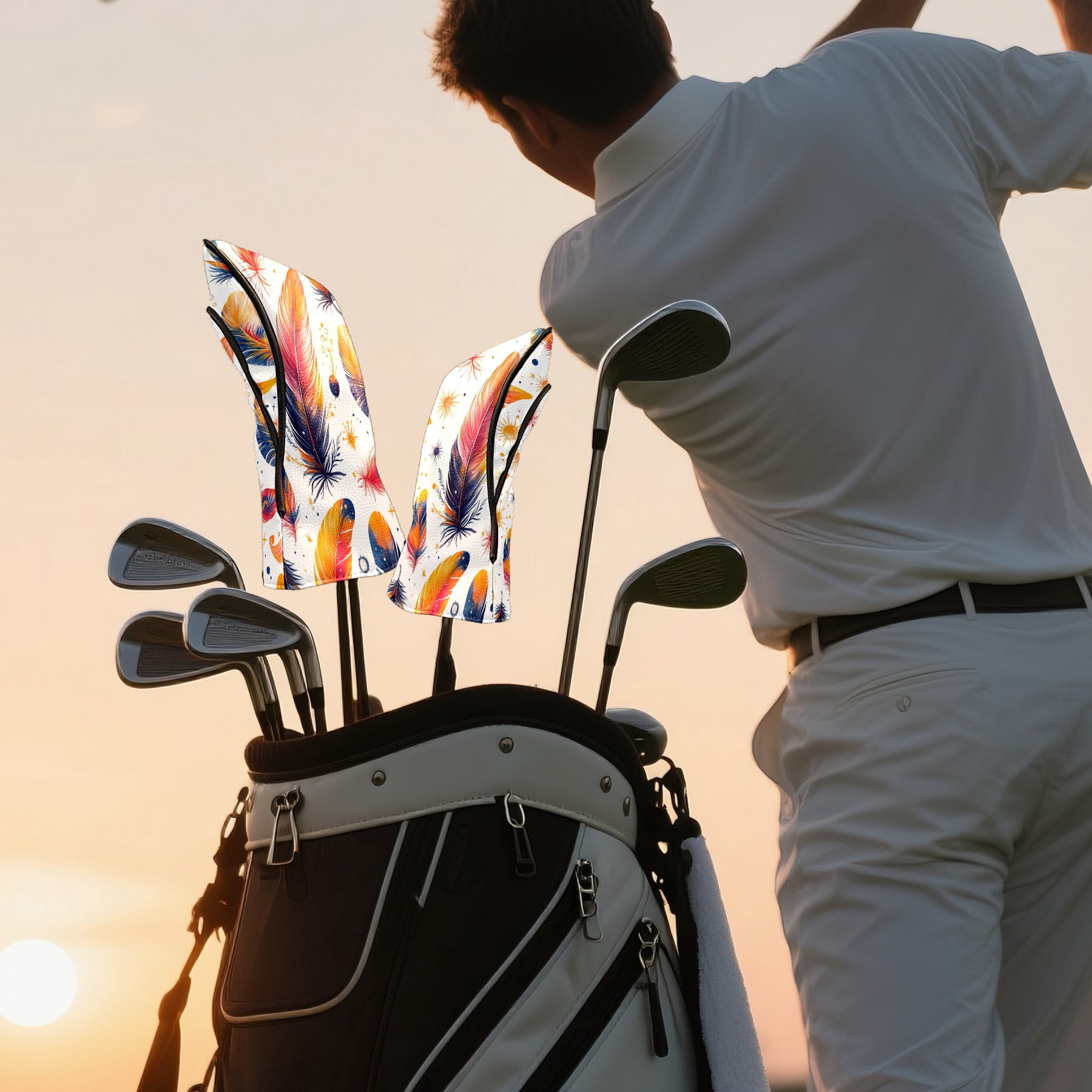 Golf Club Covers PU Leather Waterproof Head Covers for Fairway Woods Hybrids Bright Feathers