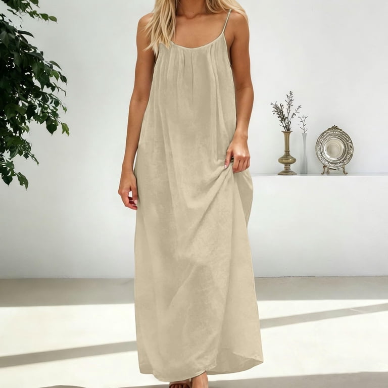 Wulmleo Womens Cotton Linen Spaghetti Strap Maxi Dresses Trendy Summer Backless Sleeveless Loose Flowy Vacation Dress Beige L