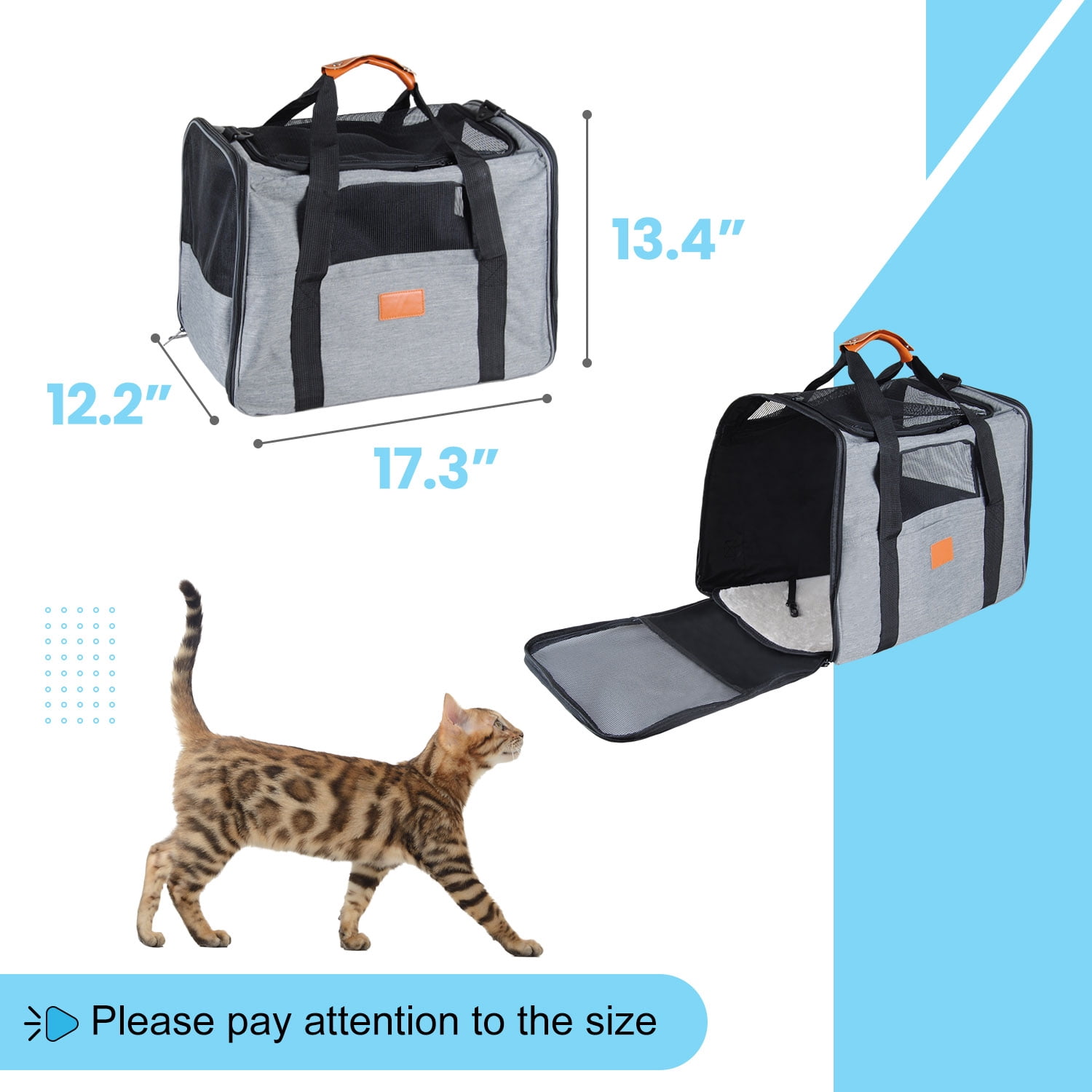 Cat Carrier Bag, AndHot Cat Carrying Case Pet Dog Carrier Soft-Sided Cat Bag Airline Approved for Medium Small Cats and Puppy up to 18lbs, Pet Carrier with Safety Zippers,Grey