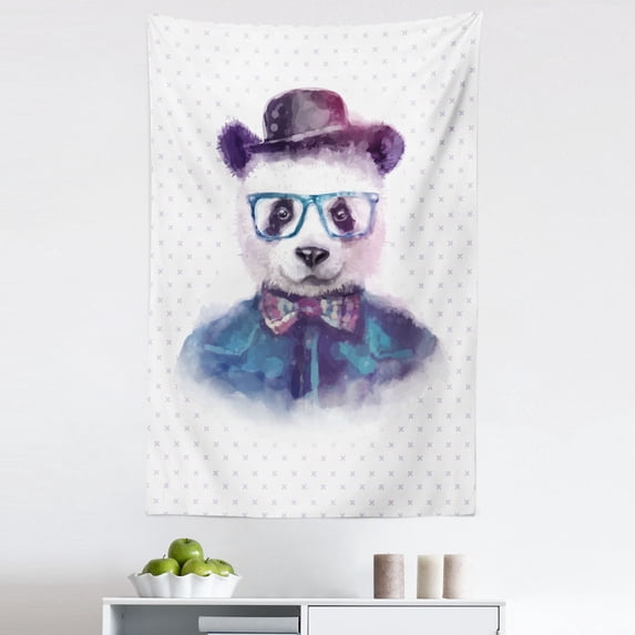Funny Tapestry, Vintage Hipster Panda with Bow Tie Dickie Hat Horn Rimmed Glasses Watercolor Style, Fabric Wall Hanging Decor for Bedroom Living Room Dorm, 5 Sizes, Black Blue, by Ambesonne