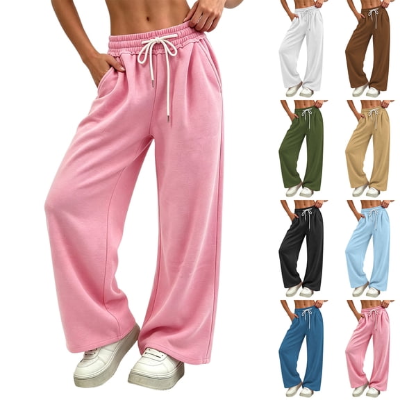 Womens Loose Casual Wide Leg Pants Solid Elastic Drawstring Waist Sweat Trousers with Pockets, Breathable Comfy Bottoms for Indoor Rest and Outdoor Activities S-3XL White