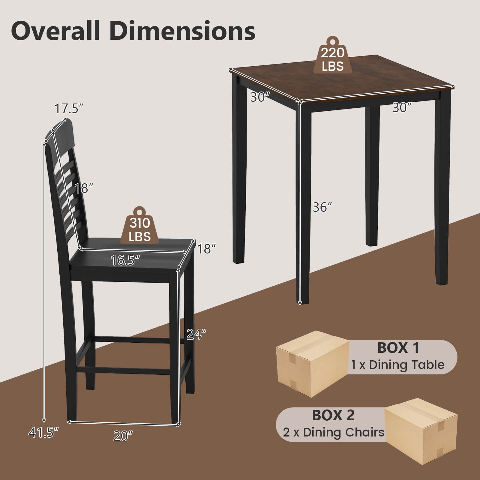 Costway Square Dining Table with Solid Wood Frame Wood Kitchen Table Pub Table for 4-Person Black+Reddish Brown
