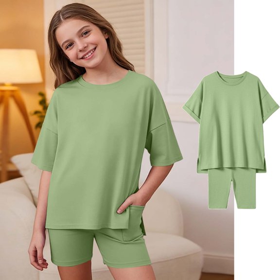 Kids Summer Outfits For Girls Two-Piece Set Shorts Casual Suit For Children Green Casual Playwear Girls Size 9-10 Years Clothes