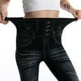 thumbnail image 4 of Leggings elásticos de cintura alta con estampado de rayas imitación denim para mujer - Pantalones térmicos de poliéster para senderismo y yoga, 4 of 7