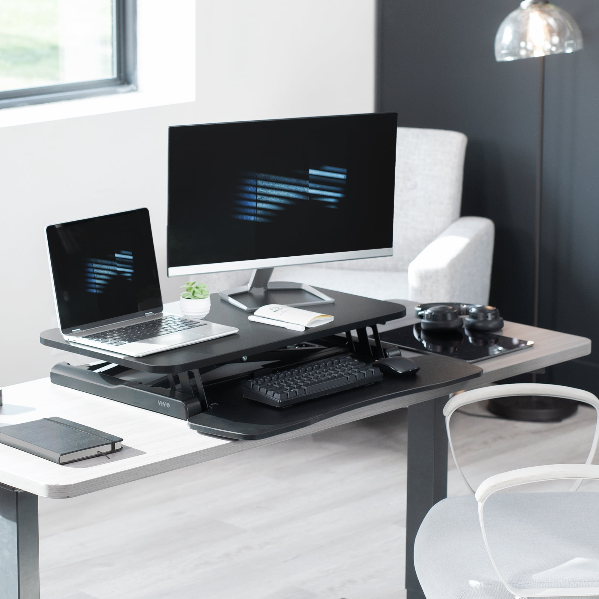 VIVO Black Height Adjustable 28" Standing Desk Monitor Riser, Sit Stand Tabletop