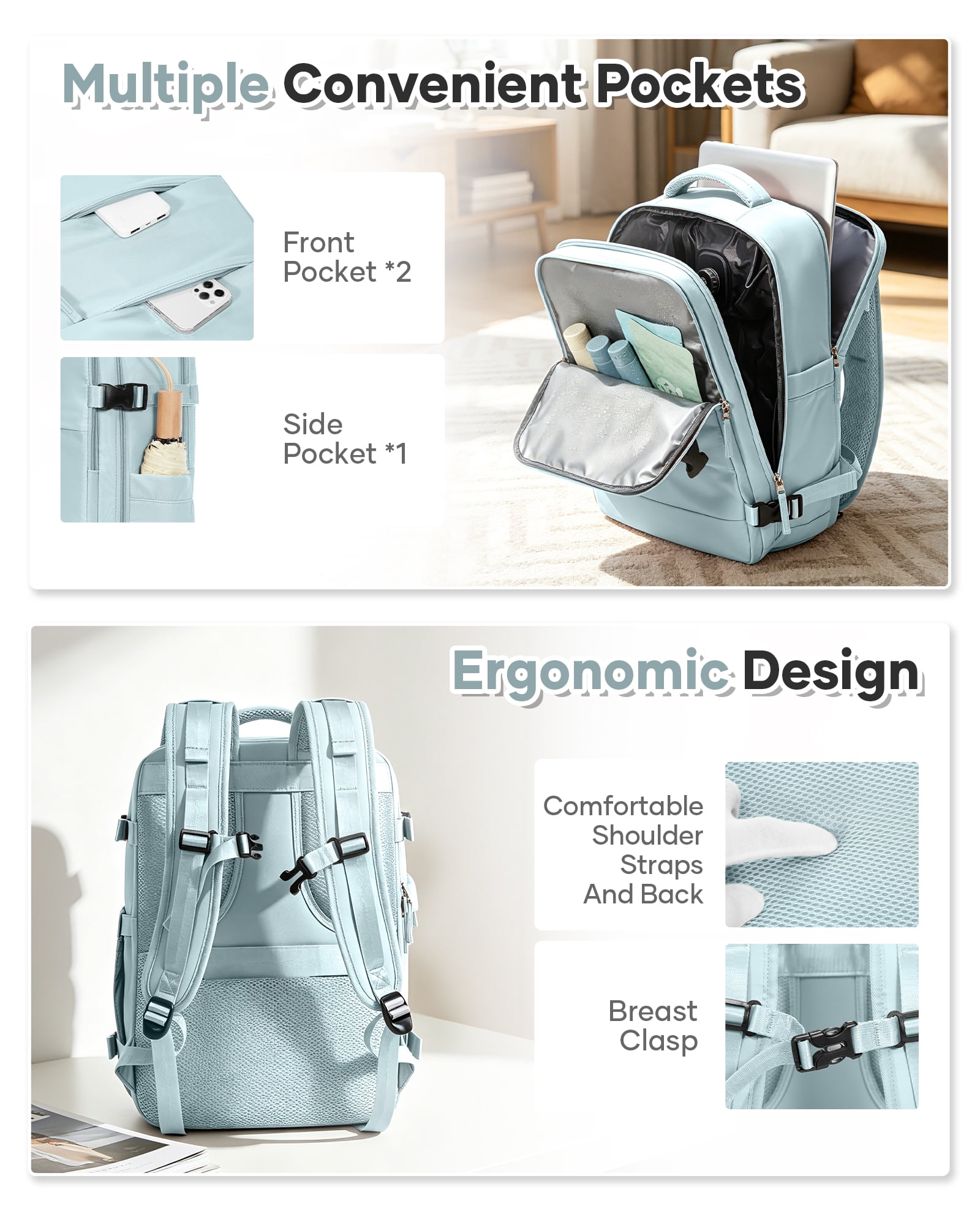 SYCNB Vacuum Travel Backpack for men women, Large Capacity Airline Approved Carry-On Backpack Features USB Charging Port, Waterproof Rucksack Fits 15 Inch Laptop, for Traveling Business, Light Blue