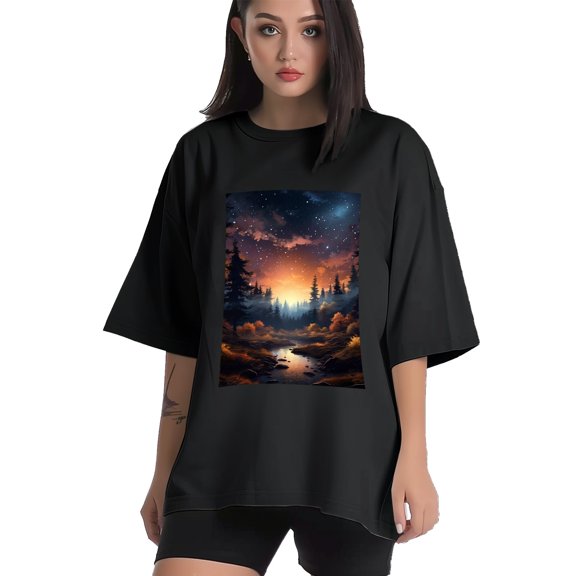 Plus Size Shirt for Women Black Tops for Women Short Sleeves Shirt for Women Night Sky T Shirt Crewneck Shirt for Women XS