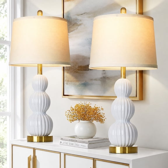 Lolikit White Ceramic Table Lamp Set of 2 for Living Room Bedroom 28" Modern Farmhouse Triple Gourd Bedside Lamps,Bulbs Included