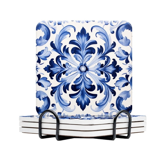 Ceramic Drinking Coasters With Holder,Blue retro tile floral oil painting design Water Absorbent Marble Tabletop Protection (Cork Base),Set of 4,Suitable for Various Mugs,Home Decor，4 Inch