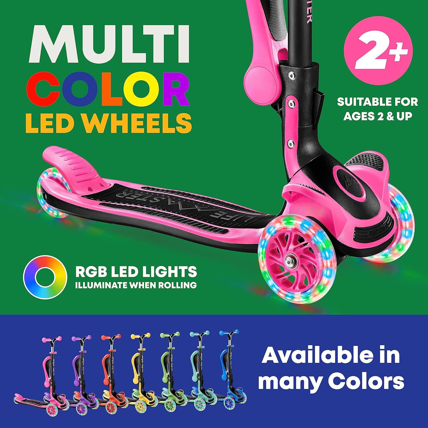 Kids Scooter – Foldable Seat – LED Wheel Lights Illuminate When Rolling – Children and Toddler 3 Wheel Kick Scooter – Adjustable Handlebar – Indoor and Outdoor- Pink - by Lifemaster