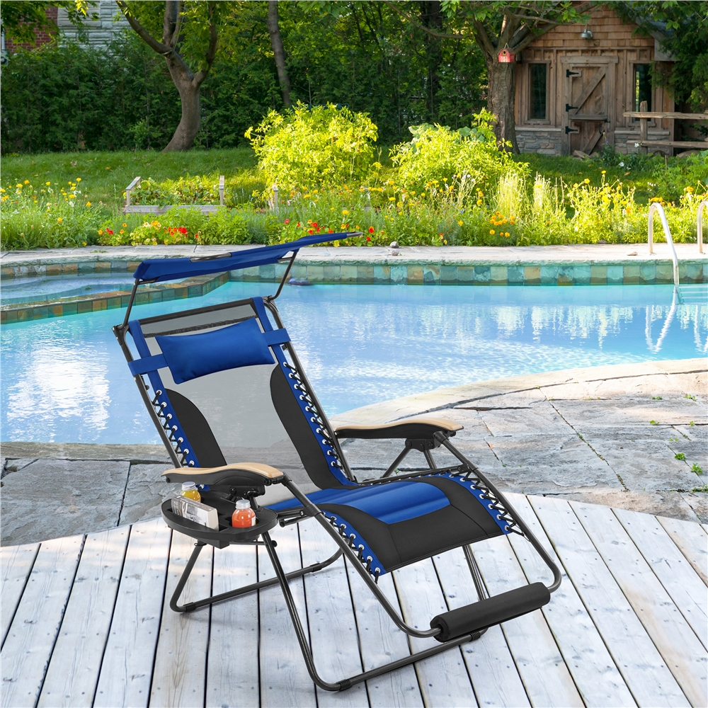 Alden Design 29in Foldable Zero Gravity Recliner with Sun Shade Cupholder/Pillow, Navy Blue/Black
