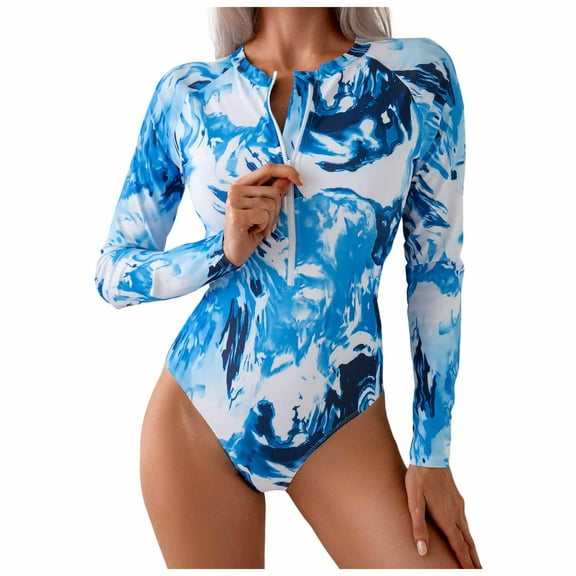 vigerkar Women's One Piece Long Sleeve Rash Guard UV Protection Printed Surfing Swimsuit Swimwear Bathing Suit (Blue, XXL)