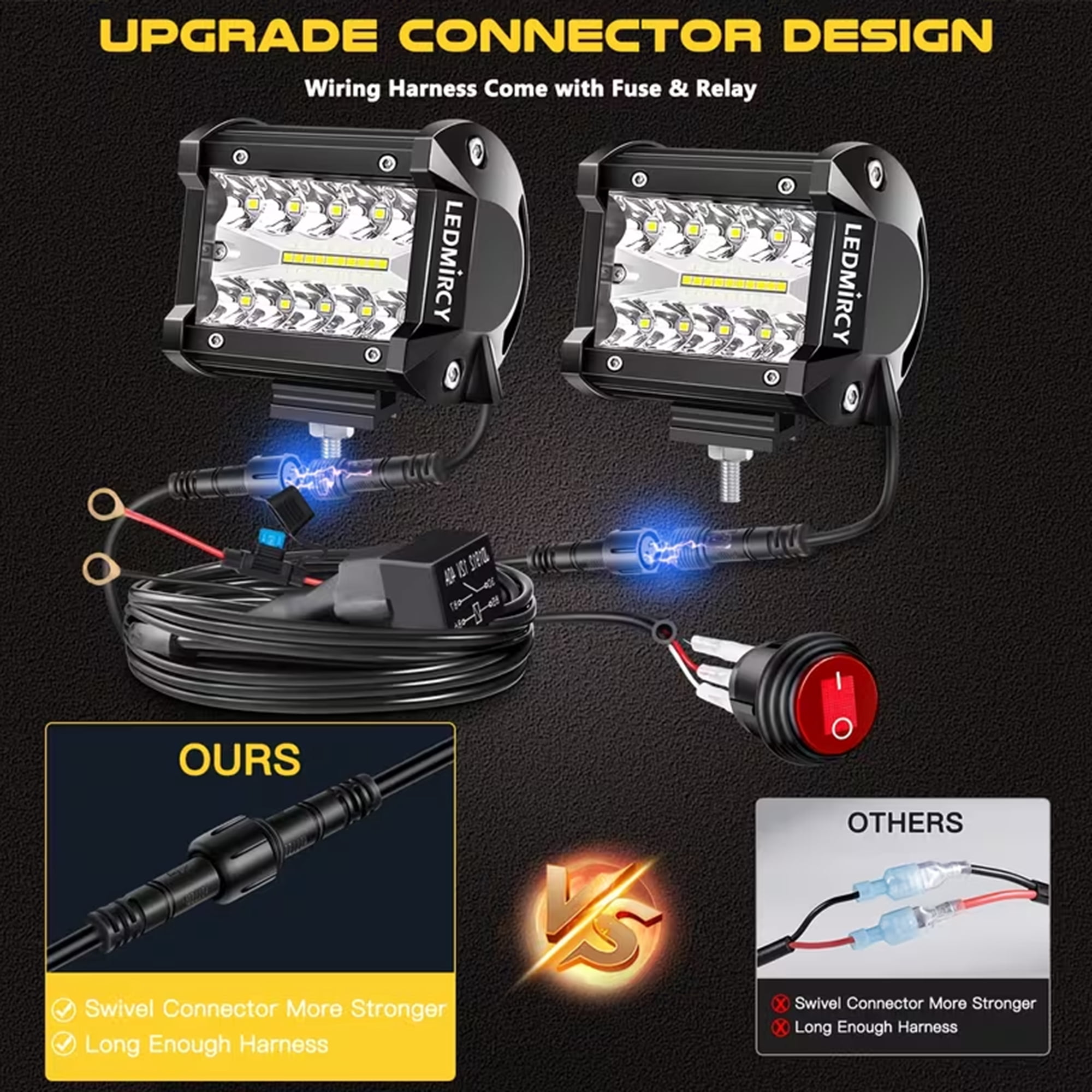 LEDMIRCY 4 inch LED Pod Lights Kit with Round Toggle Switch Wiring Harness LED Light Bar 2 Lead Spot Flood Combo Beam White Driving off Road Lights for Truck Tractor Excavator Boat Atv Suv Utv Gmc