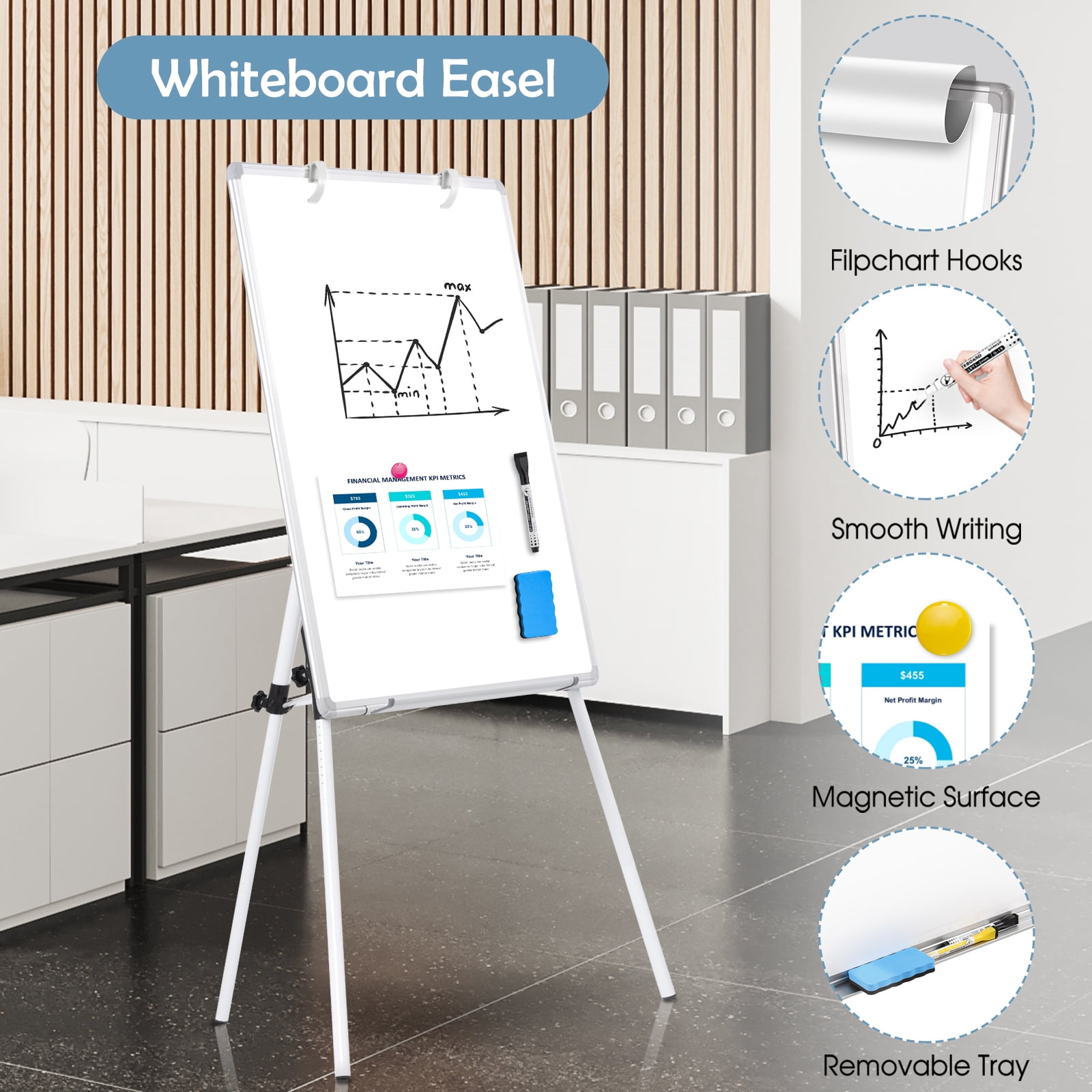 QUEENLINK Easel Whiteboard Magnetic Portable Dry Erase Whiteboard 36 x 24 Tripod Height Adjustable, Flipchart Easel Stand White Board for Office or Teaching at Home & Classroom, Sliver