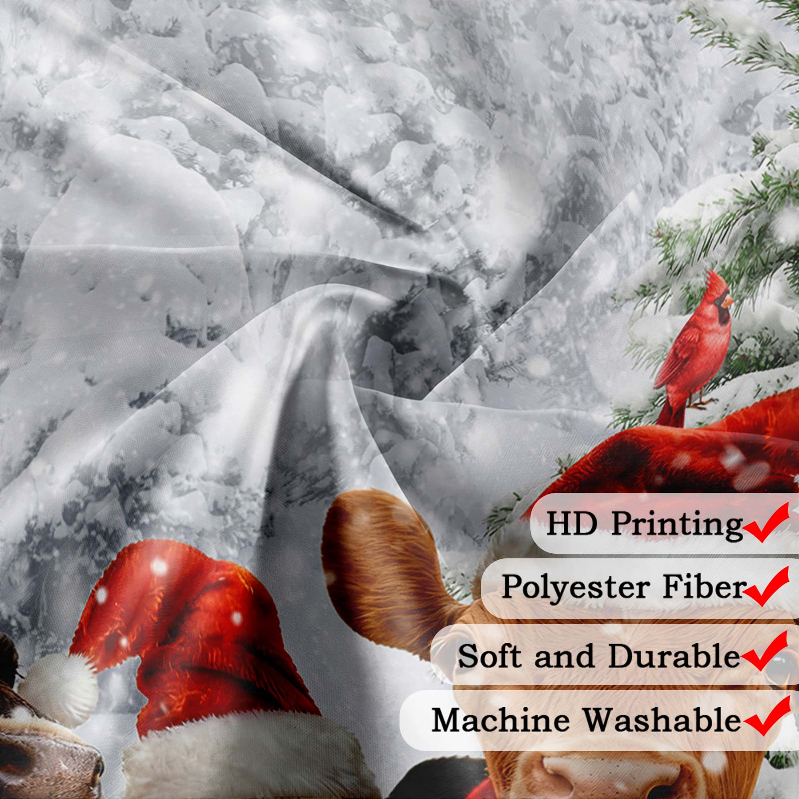 Winter Christmas Shower Curtain Set, Natural Winter Forest Snowflake Christmas Shower Curtain for Bathroom, Funny Cute Cows Christmas Bathroom Decor Waterproof Fabric Bathtub Sets with Hooks,70X70IN