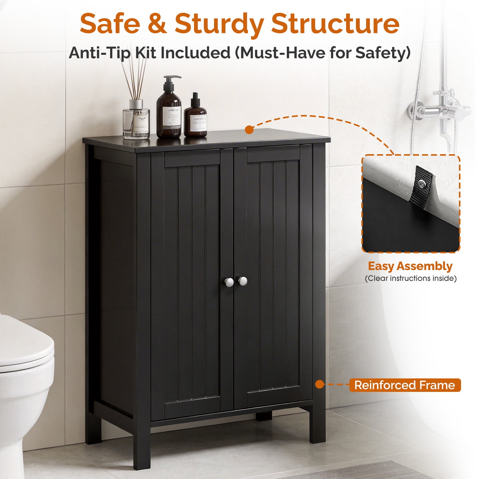 Ktaxon Bathroom Floor Cabinet Storage with 2 Doors and Adjustable Shelves, Black