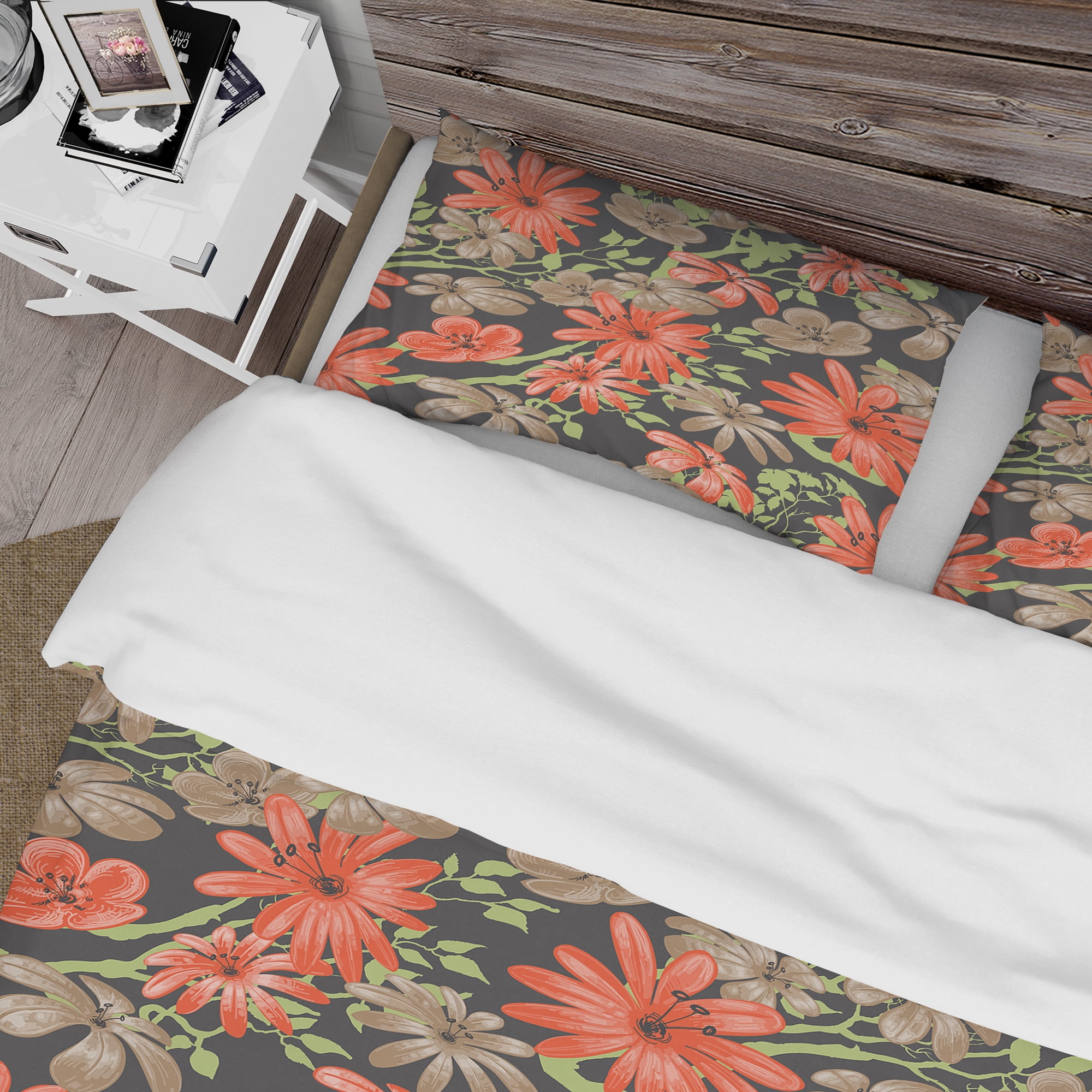 Designart 'Red and Brown Flowers with Background of Green Branches' Floral Duvet Cover Set